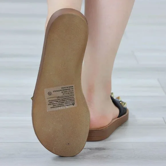 Black Flat Comfort Flexible Sandal Slip On Sliders Trendy Gold Studs Glittery To - Picture 14 of 14